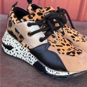 Steve Madden Leopard Print Mixed-Media Sneakers — Black, Tan, Gold